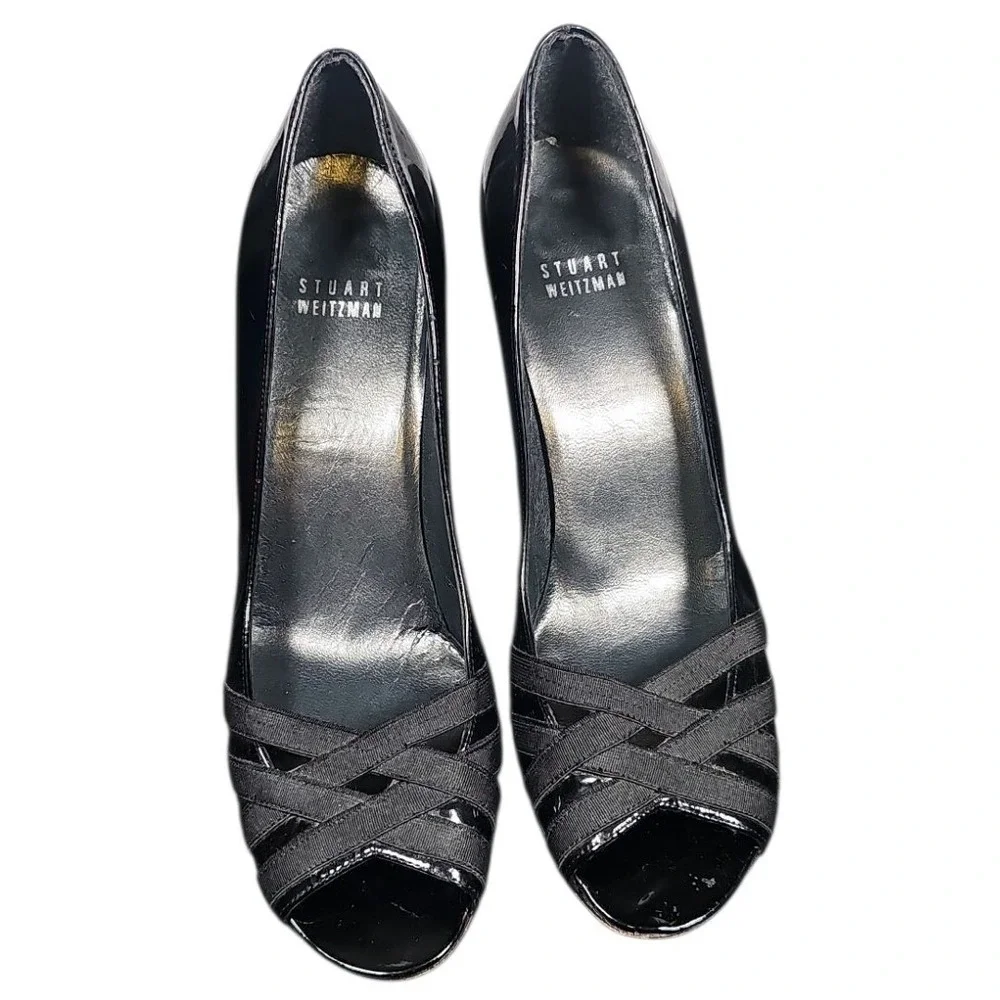 Stuart‎ Weitzman Black Patent Leather Heels Peep Toe Pumps Strappy Size 8